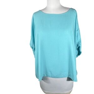 Zenana Dolman Sleeve Ruched Blouse Turquoise Rayon Boat Neck Boxy Oversized XL